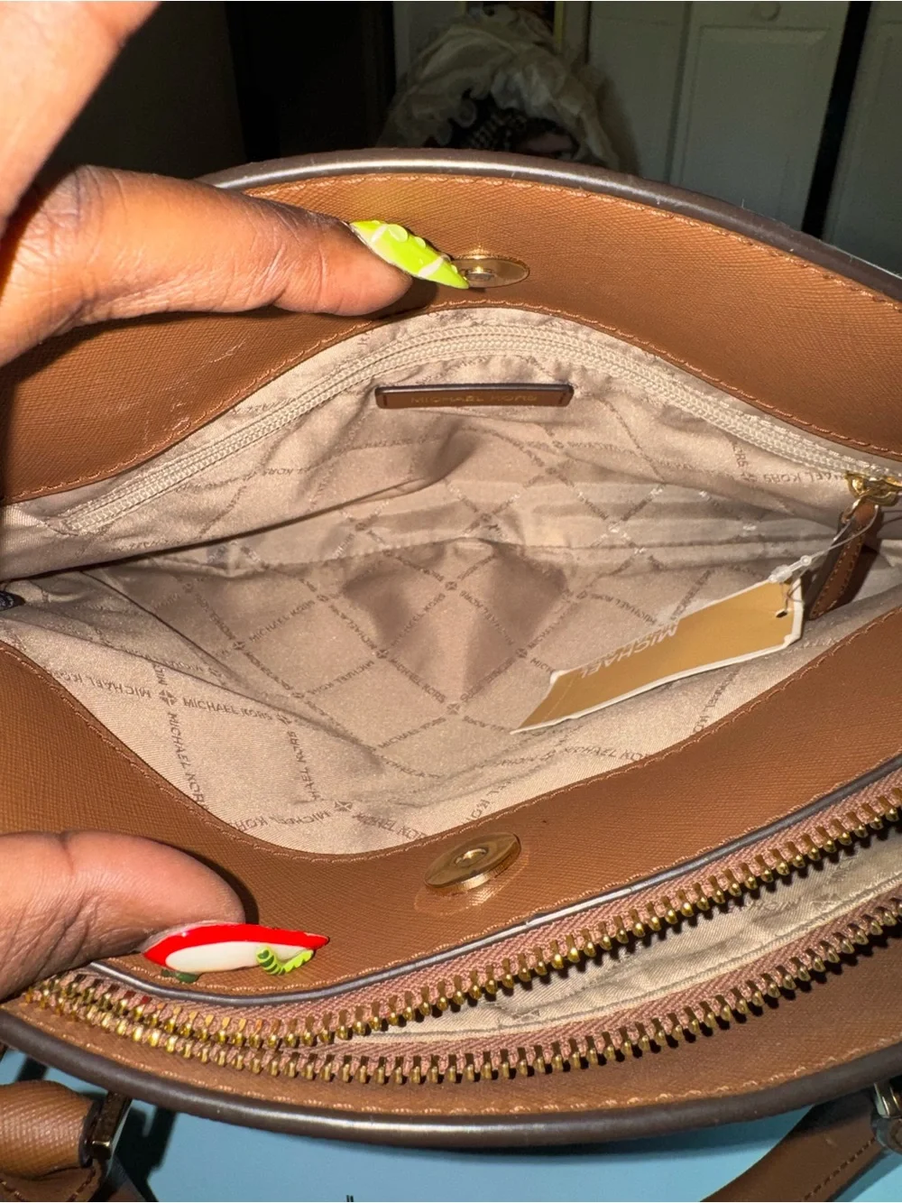 Michael Kors Brown Signature Satchel with Tan Handles and Trim
